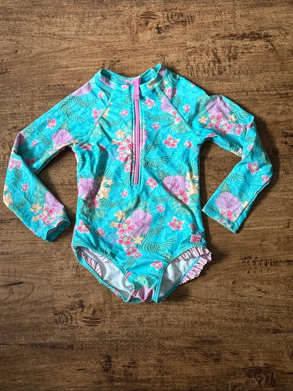 Ruffle Butts Turquoise Floral Long-Sleeve Rashguard